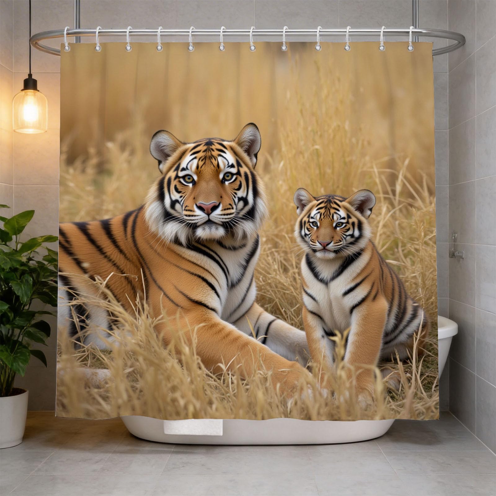 Hongduo 3D Tiger Print Shower Curtain for Stalls Bathtubs Grassland Scenery Bathroom Decor Shower Curtain Set Polyester Fabric Waterproof 200x200cm/79X79 Inch with Hooks