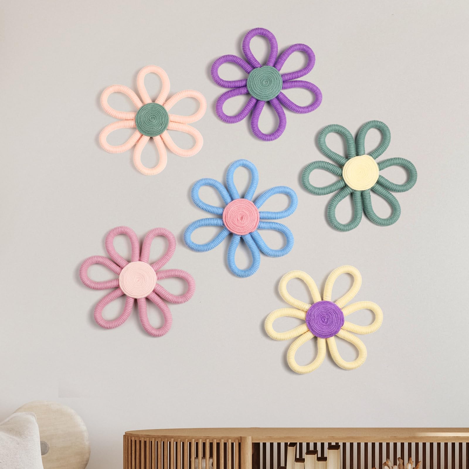 Ripeng 6 Pcs Boho Nursery Decor Flower Daisy Wall Art 6 Inch Woven Macrame Wall Hanging Bohemian Flower Decor Daisy Nursery for Baby Girls Kids Home Bedroom(Vivid Colors)