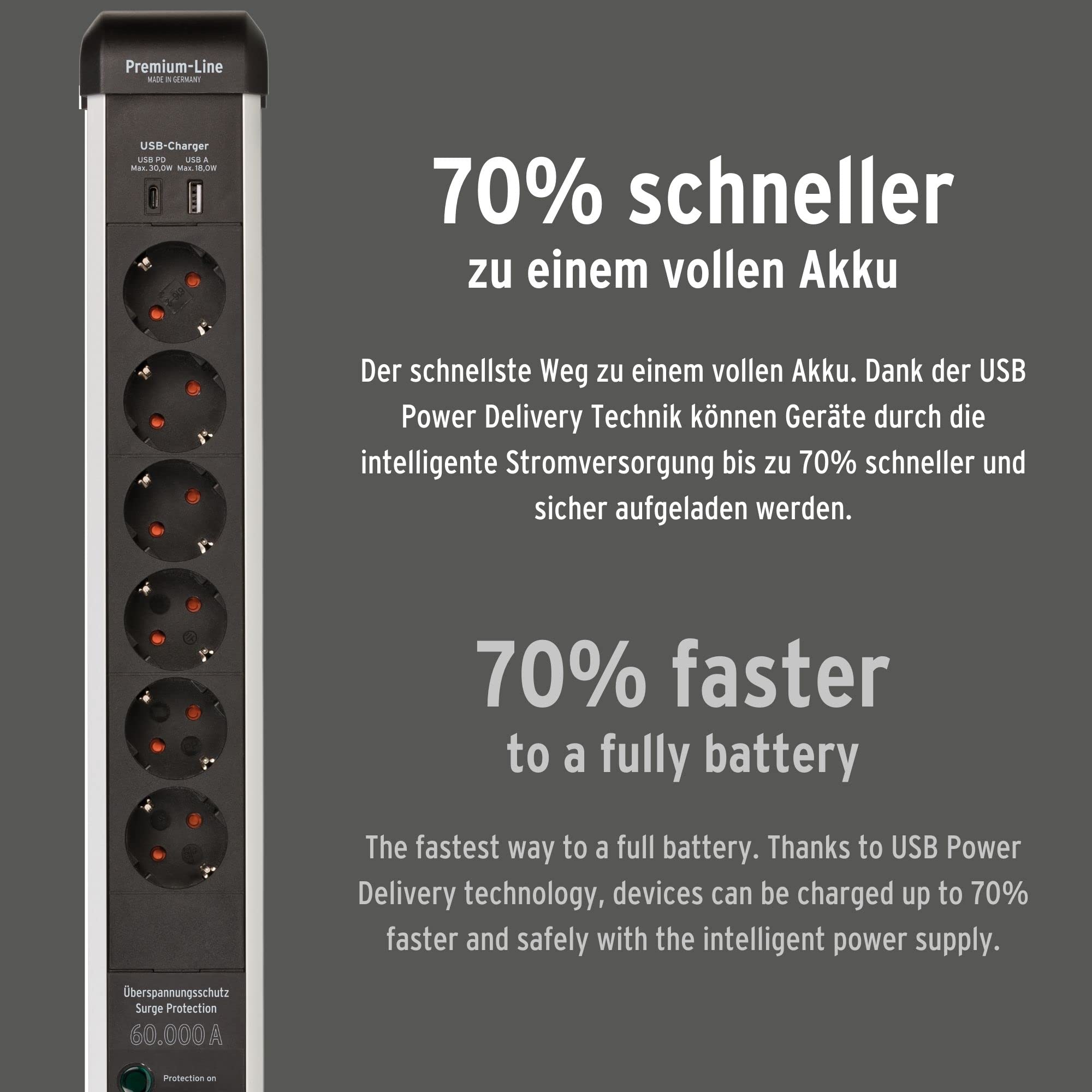 Brennenstuhl Protect-Line - Ciabatta multipresa a 6 posizioni con USB Power Delivery di tipo C e protezione da sovratensione (1 caricatore di tipo C e 1 USB-A, made in Germany