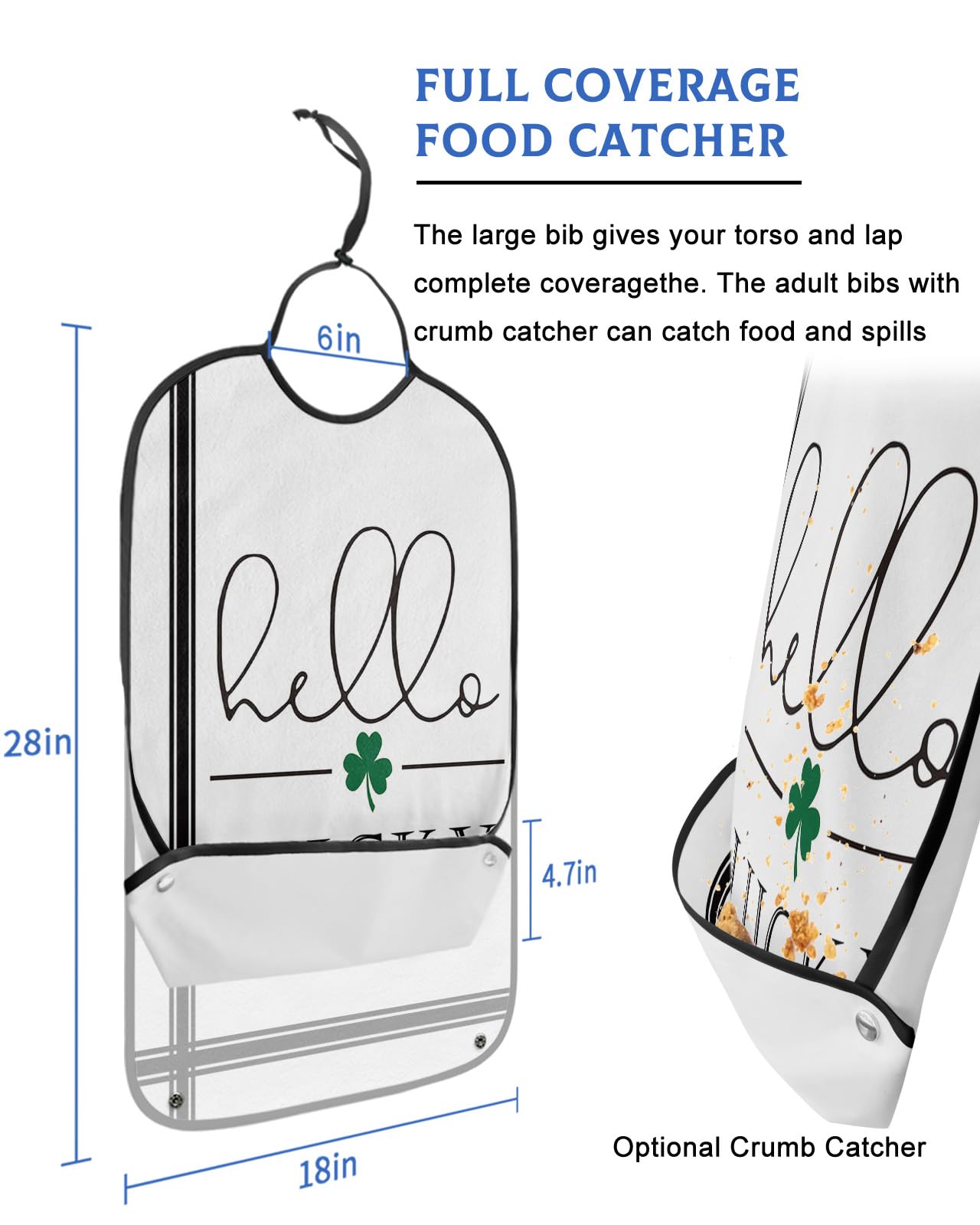 St. Patrick's Day Adult Bibs for Eating, Waterproof Bibs with Food Catcher & Adjustable Snap Closure, Black Board Green Clover Hello Lucky White Clothing Protectors Adult Bibs for Elderly Women/Men