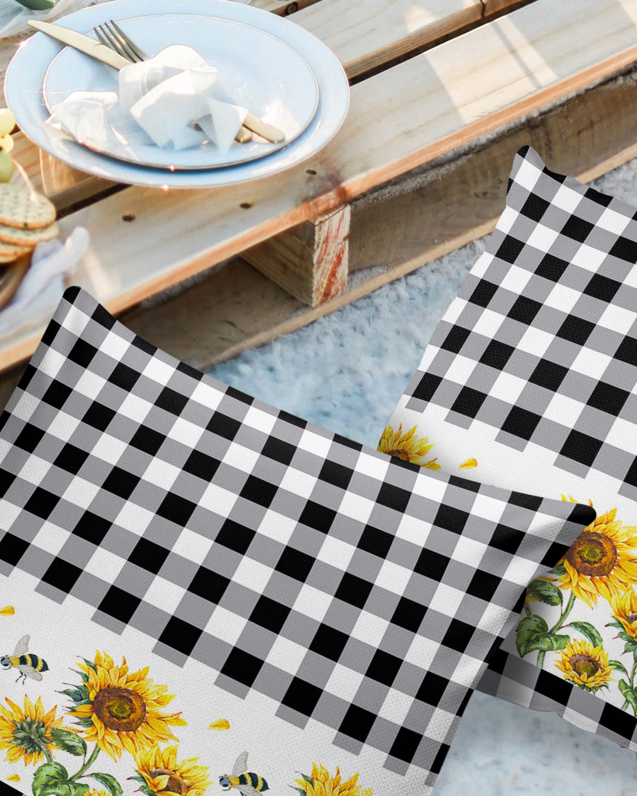 Outdoor Throw Pillow Covers Waterproof Pillow Cases 18x18in,Sunflower Farm Flowers Black White Plaid Decorative Pillow Covers Cushion Cases for Couch Sofa Patio,2 Pack Country Watercolor Flowers