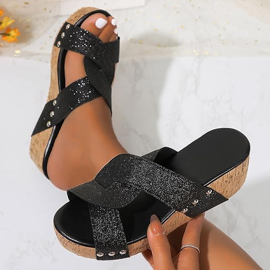 Amazon.com: Sparkly Wedge Slippers for Women Criss Cross