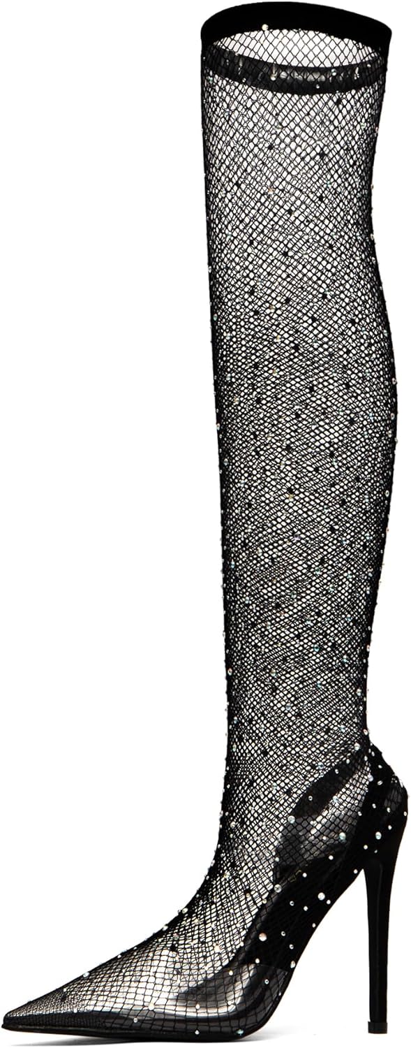 NEWBELLA Women's Stiletto Heeled Boots - Rhinestone Mesh