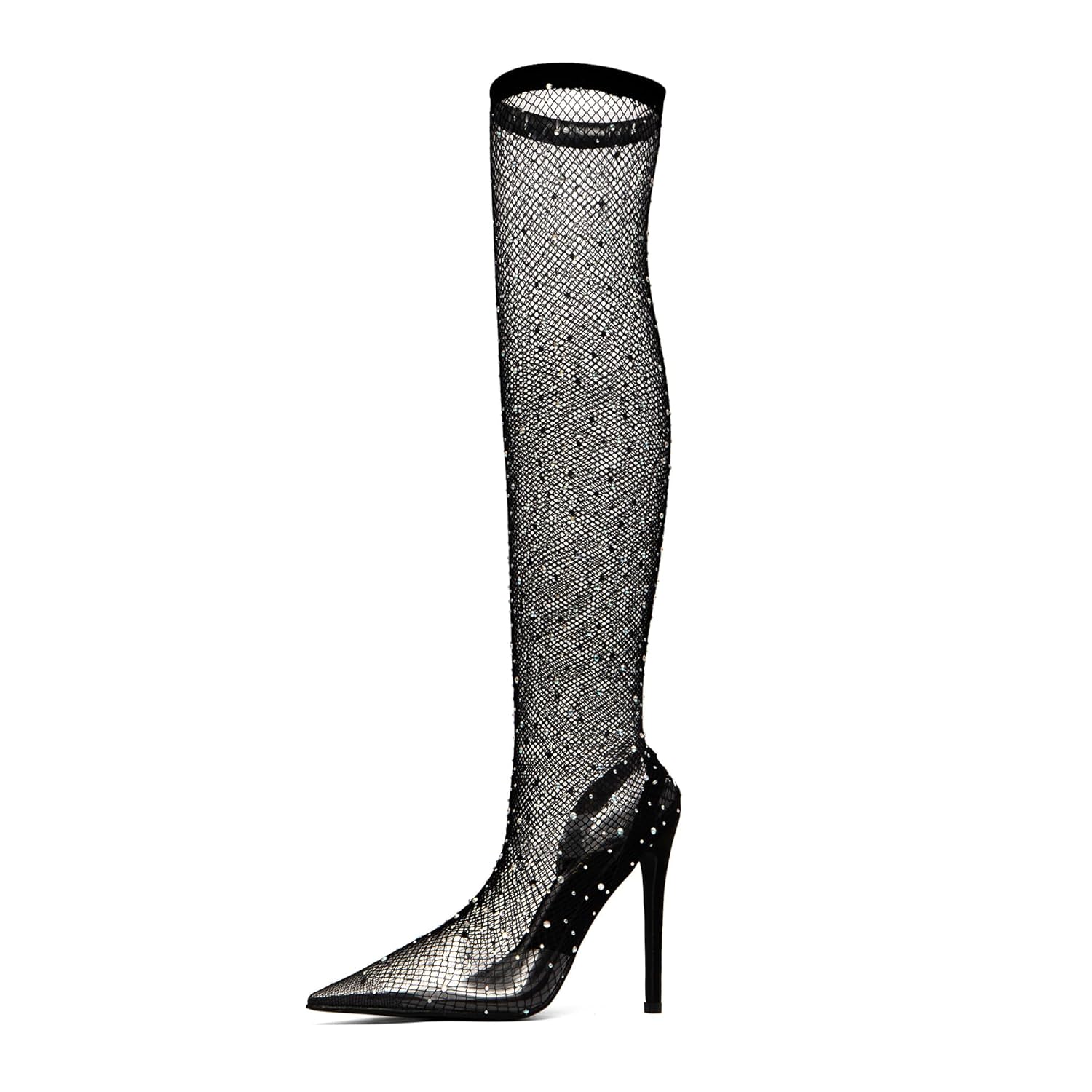 NEWBELLA Womens Rhinestone Mesh Pointed Toe Stiletto Heeled Boots Sexy Knee High Slip-On Glitter Sock Boots for Party
