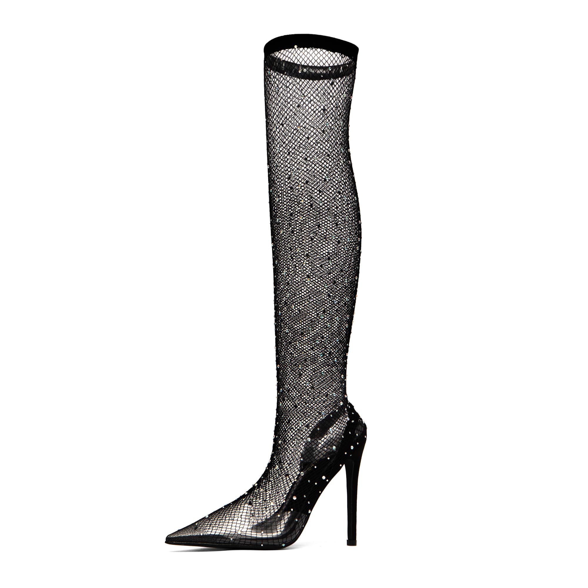 NEWBELLA Womens Rhinestone Mesh Pointed Toe Stiletto Heeled Boots Sexy Knee High Slip-On Glitter Sock Boots for Party
