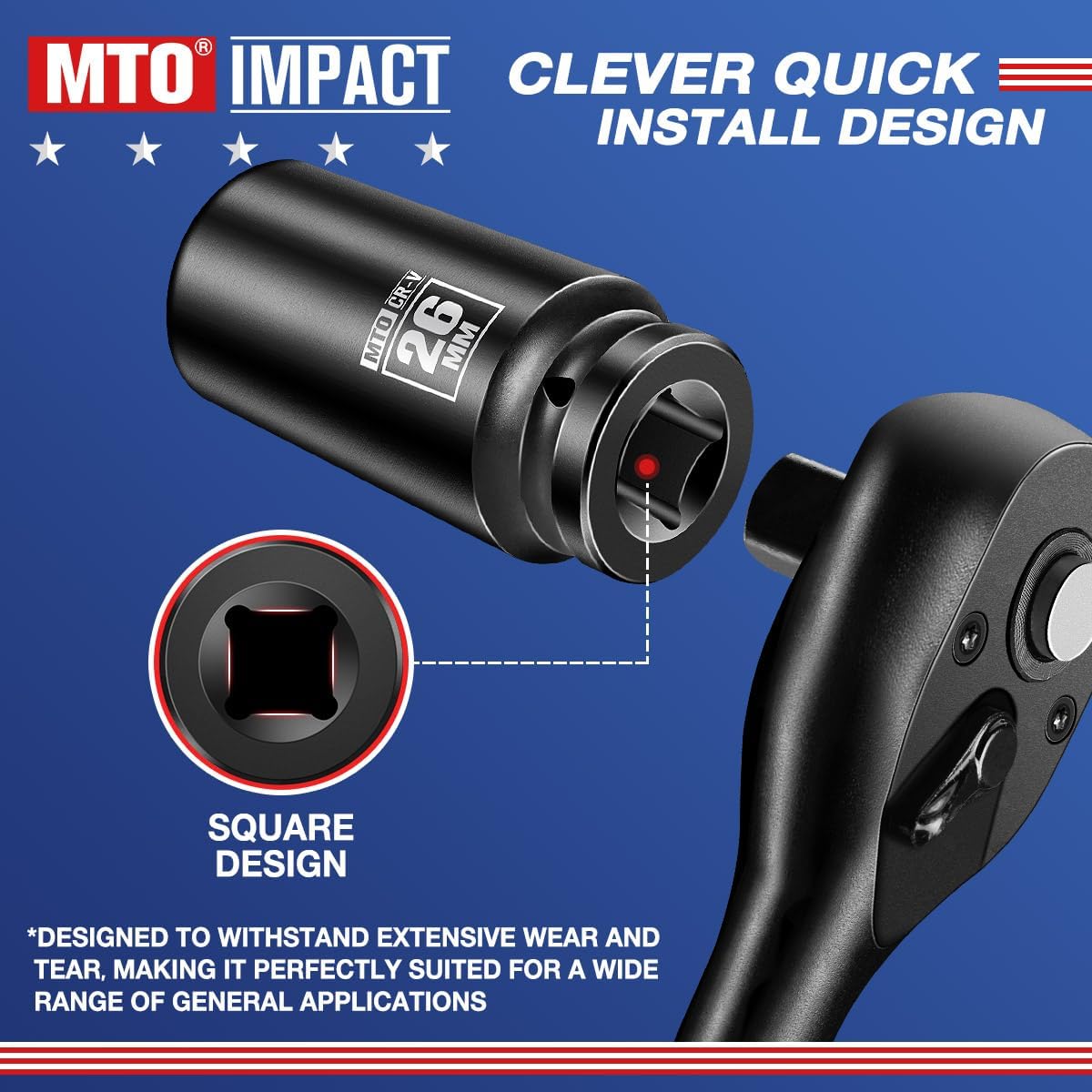 MTO 1/2" Drive 26mm Deep Impact Socket, 6-Point Metric Socket for Automotive Maintaince, CR-V Steel Meets ANSI Standards