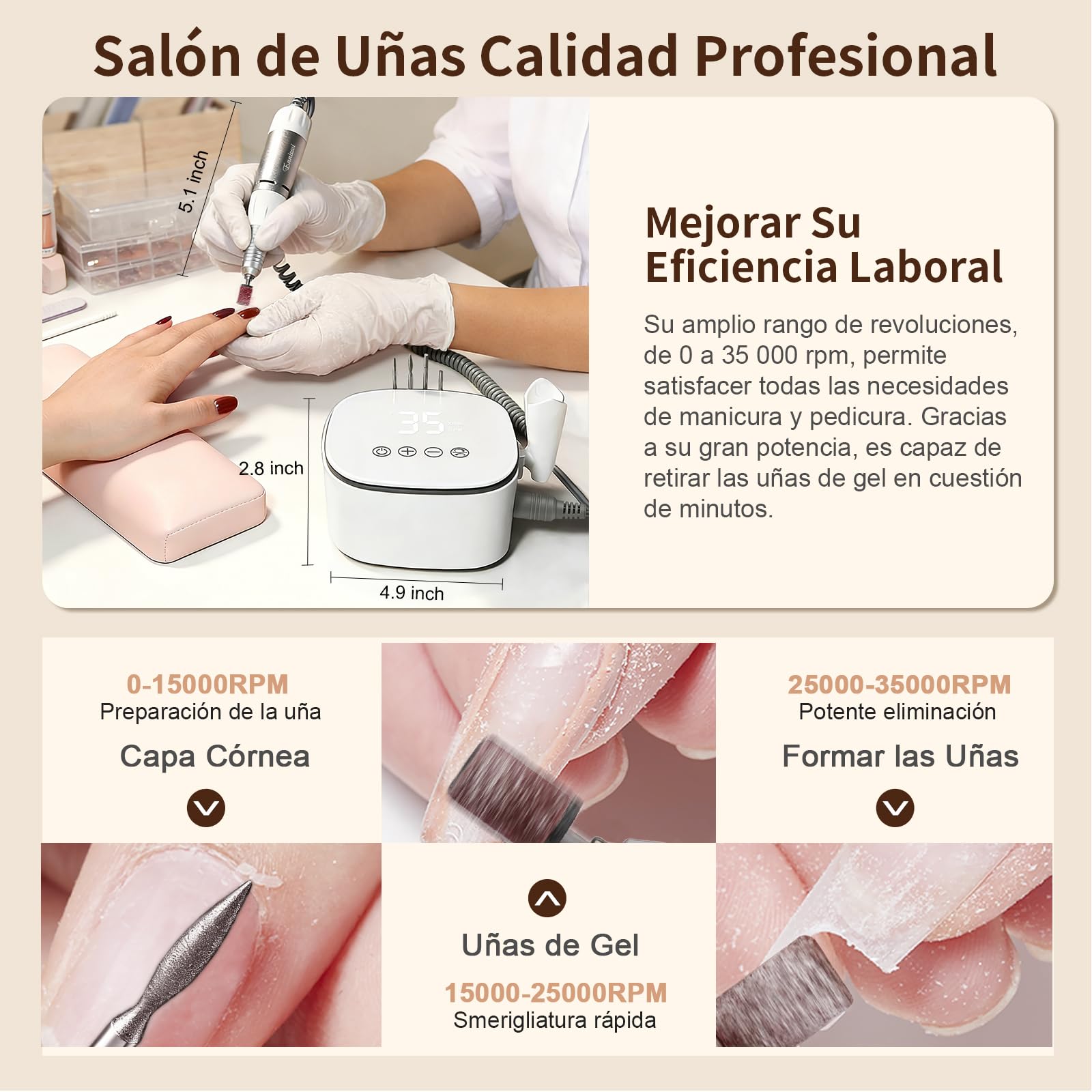Einniewi Torno para Uñas Profesional 35000RPM, Lima Uñas Electrica con Botones Táctiles y Pantalla HD LED Digital, Nail Drill Kit Manicura y Pedicura, Quitar Acrílico Gel/Esmalte/Callos, Blanco
