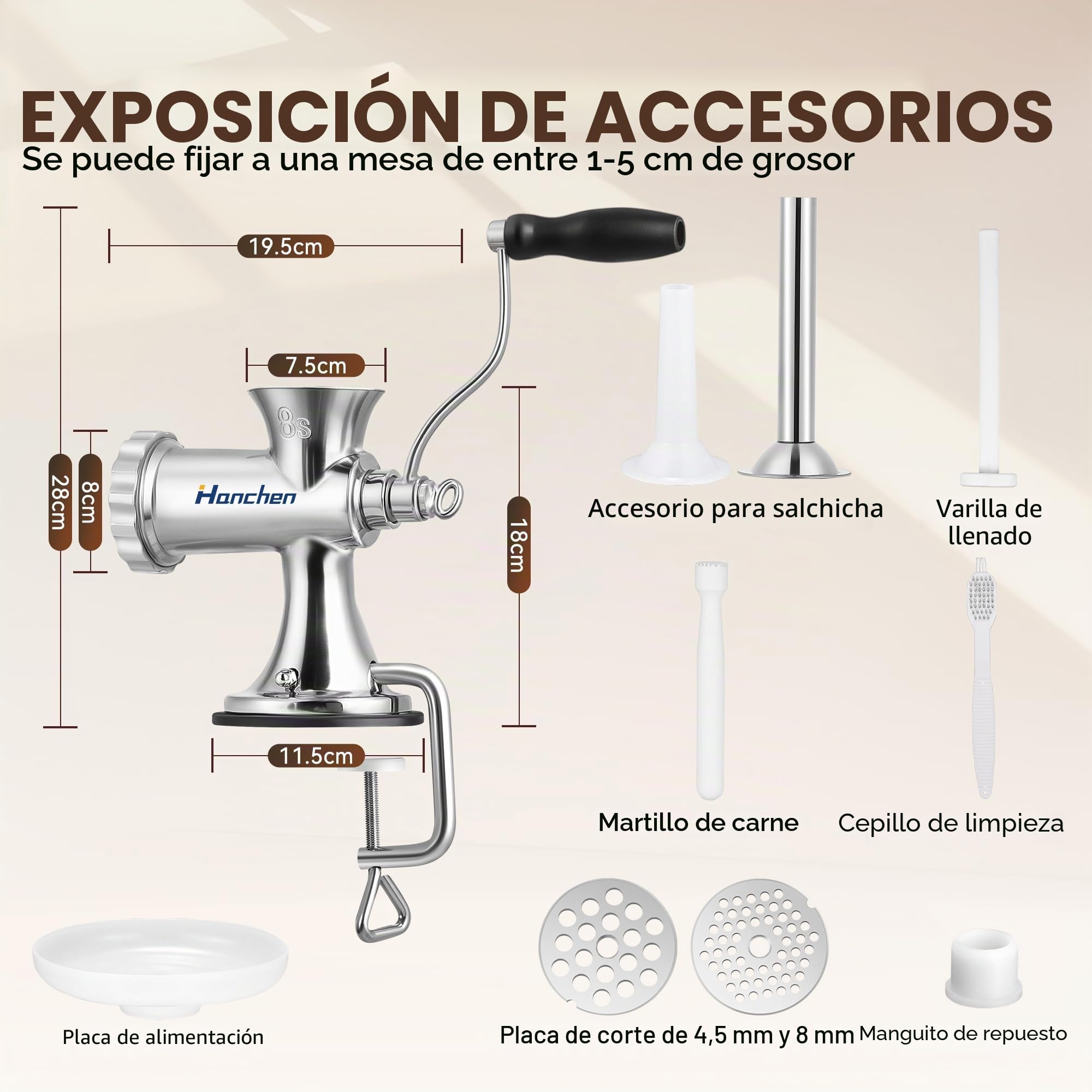 Hanchen Picadora de Carne Manual Acero Inoxidable Máquina de Picar Carne Doméstico y Comercial Embutidora de Salchichas con 2 Discos de Corte para Cerdo Pollo Ternera Verduras