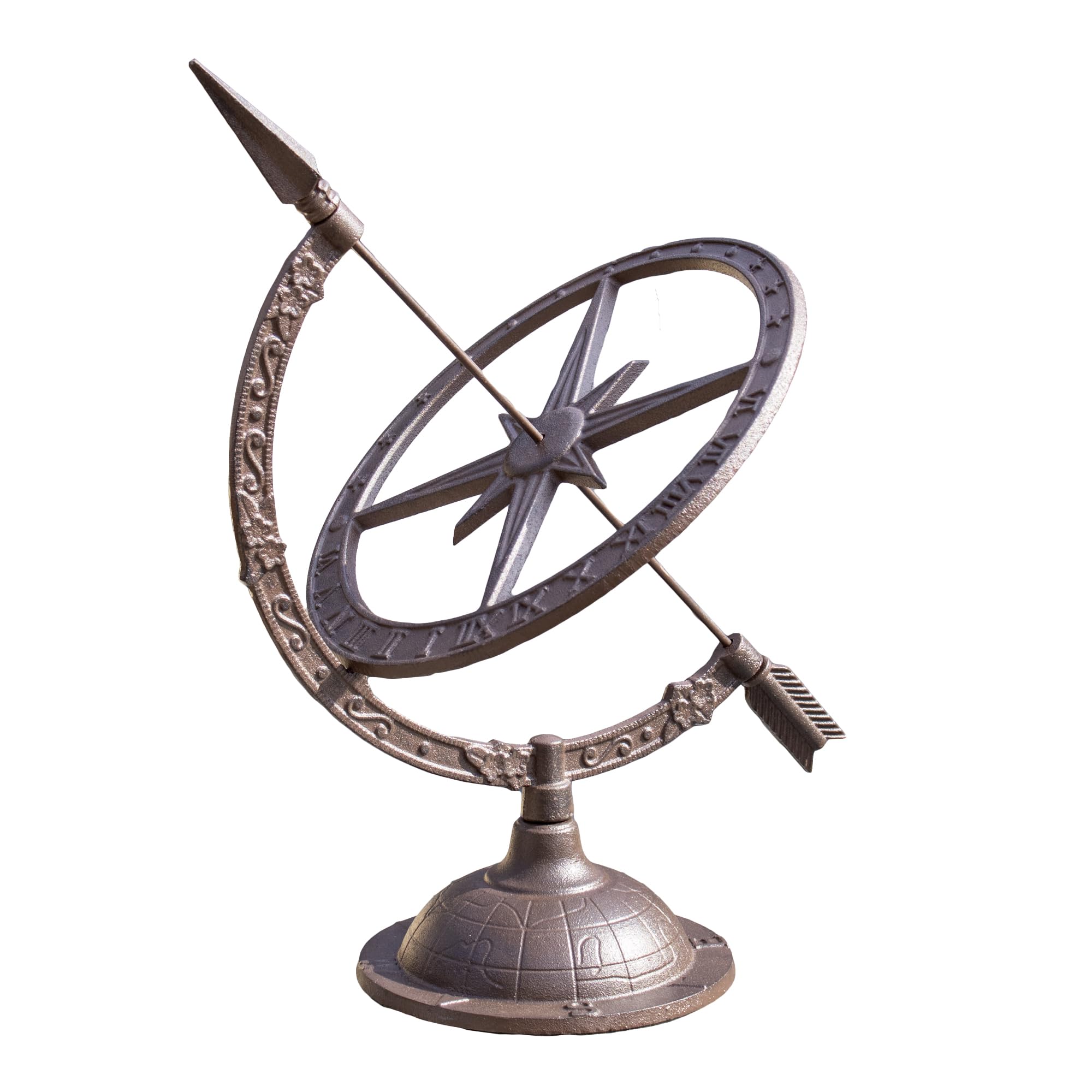 Darthome Brown Cast Iron Armillary Sundial Extra Large 40X54x35cm Arrow Garden Heavy Sun Clock Decor