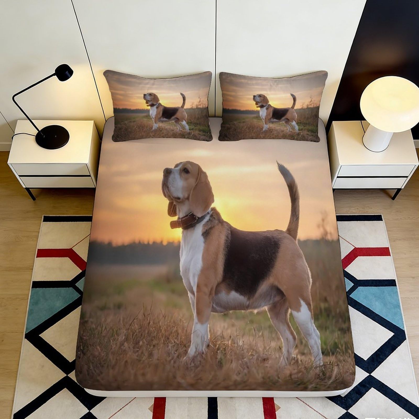 3D Printed Beagle Sunset Fitted Sheet Microfiber Deep Pocket Non-Slip Bedroom Bedding Beagle Scenery Mattress Fitted Cover Washable for Home 140x200x25cm