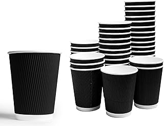 ERA PACK 100 x 12oz Ripple Black Paper Cups - Strong 3-PLY Disposable Cups - Leak-Proof Recyclable Design, Insulated Coffee Cup for Hot Drinks, Tea, and Hot Beverages