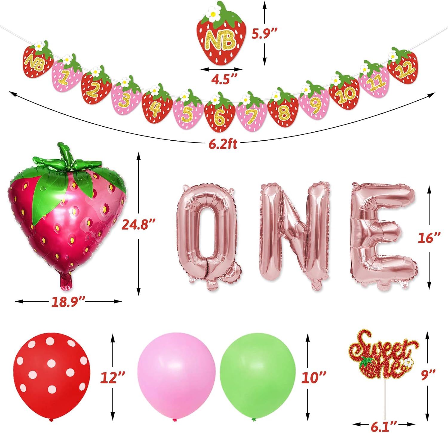 Buy Strawberry First Birthday Decorations Kit Strawberry 12 Months Photo Banner Sweet One Cake Topper Balloons Girl Berry Sweet Themed Summer Fruit Baby Milestone Cake Smash Photo Props Backdrop Supplies Online In