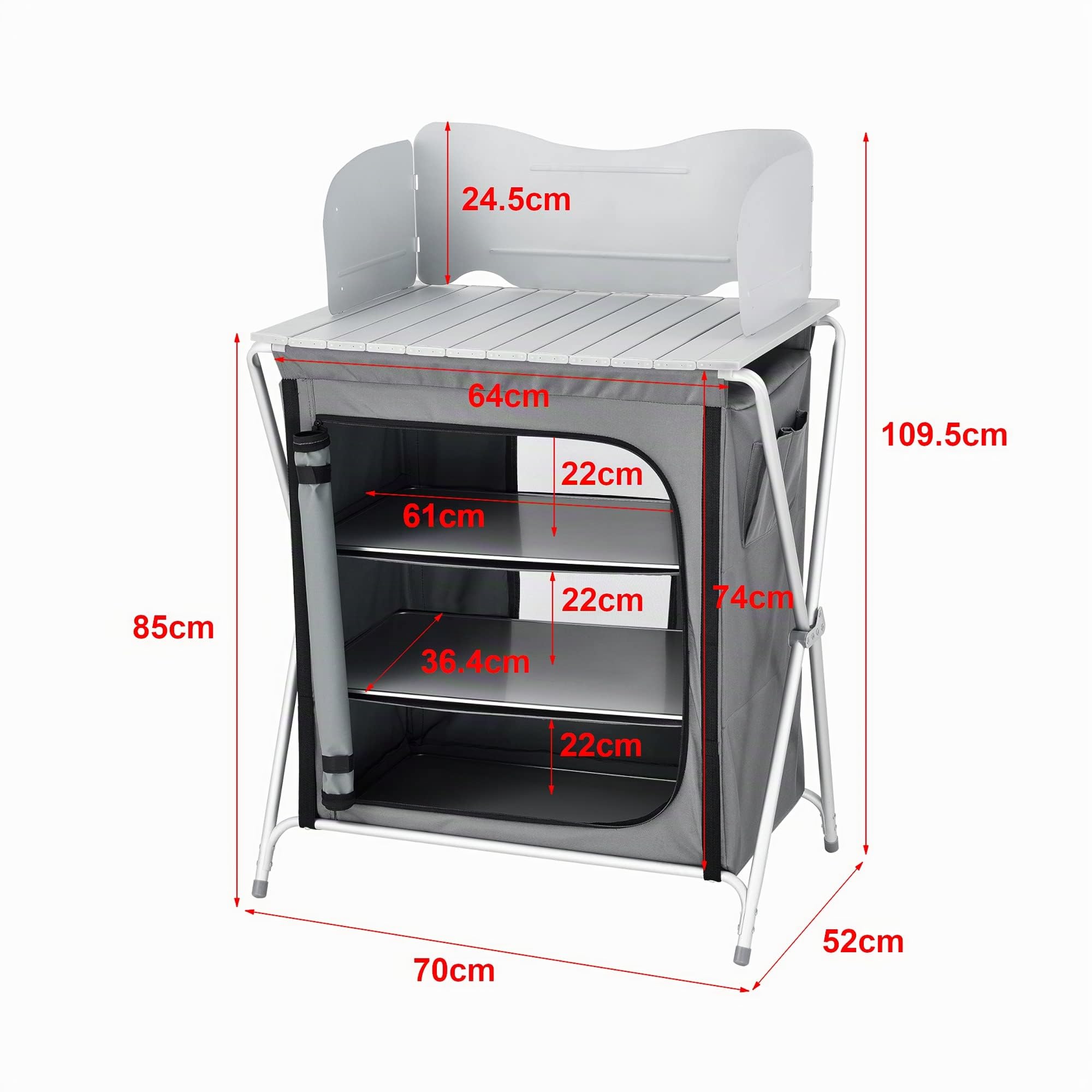 Mobile Portatile da Campeggio Credenza Cucina Pieghevole con Ripiani e Borsa di Trasporto Telaio in Alluminio 110x70x52 cm Grigio Scuro
