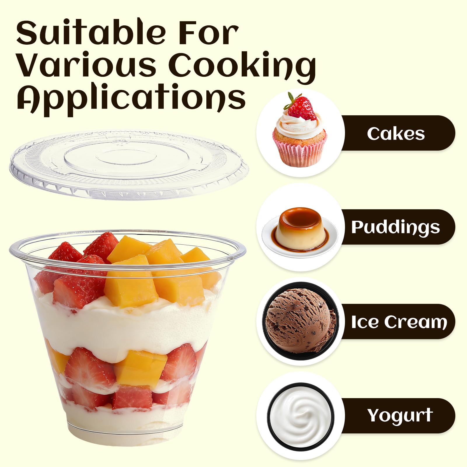 100 bicchieri da dessert, 260 ml, bicchieri da dessert in plastica trasparente usa e getta con coperchio, per dessert, cheesecake, pasticcini e dolci