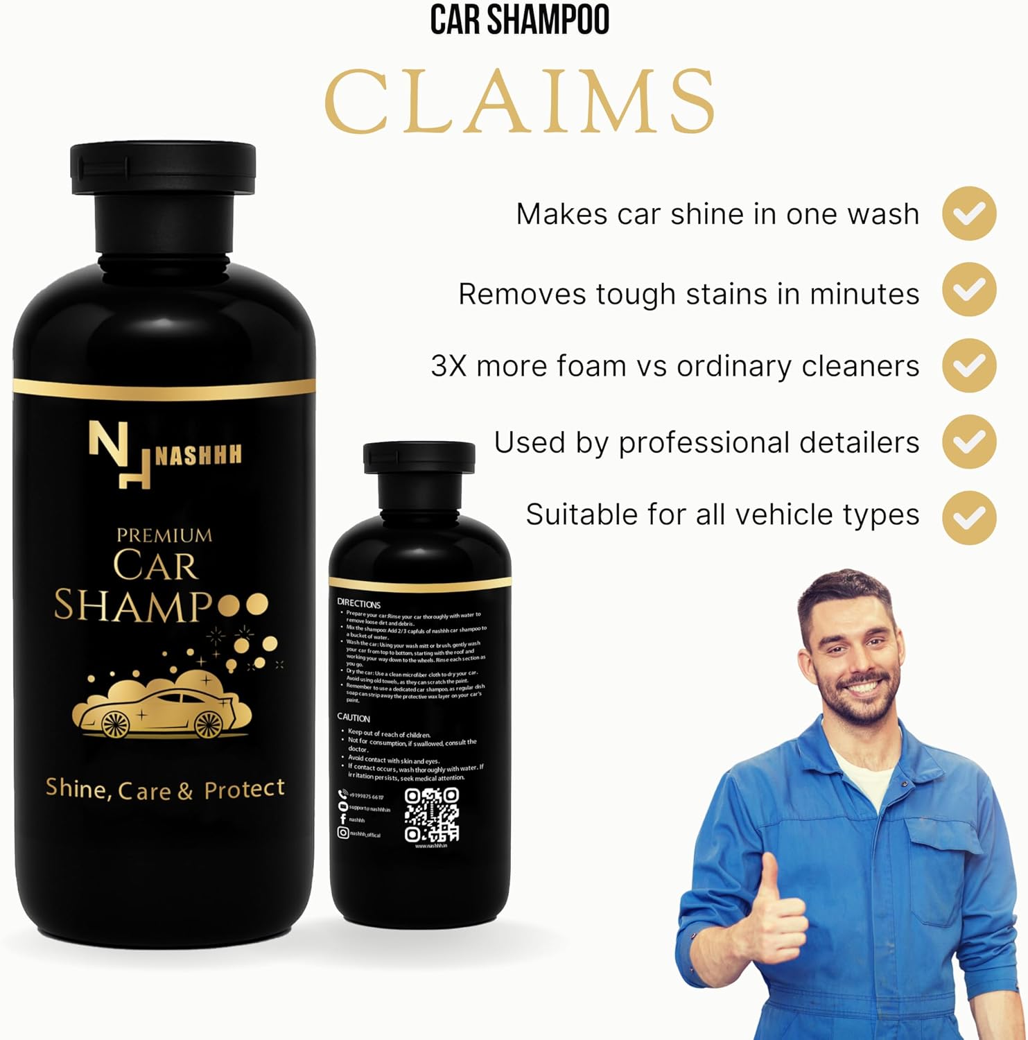 NASHHH Car Wash Shampoo for Auto Detailing Deep Cleansing, Glossy Shine High-Suds pH-Balanced Foaming Soap Safe for Wax & Sealants, Works with Foam Cannons & Bucket Wash 300 ml (Pack of 1) Black