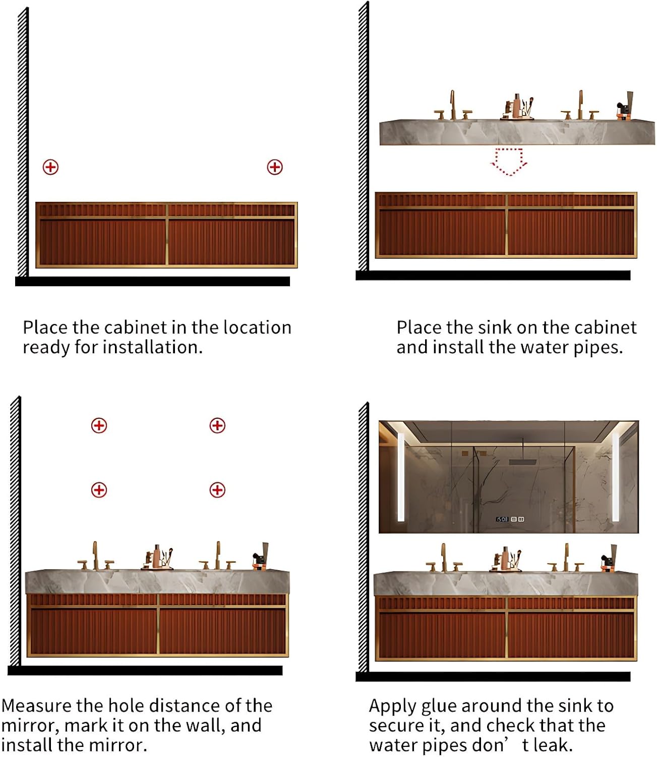 Bathroom Vanity - Double Sink Bathroom Vanity with Smart LED Defog Mirror Cabinet ? Large Storge Space | Wall Mounted Bathroom Sink Cabinet, Solid Wood Material (Black, 52'')