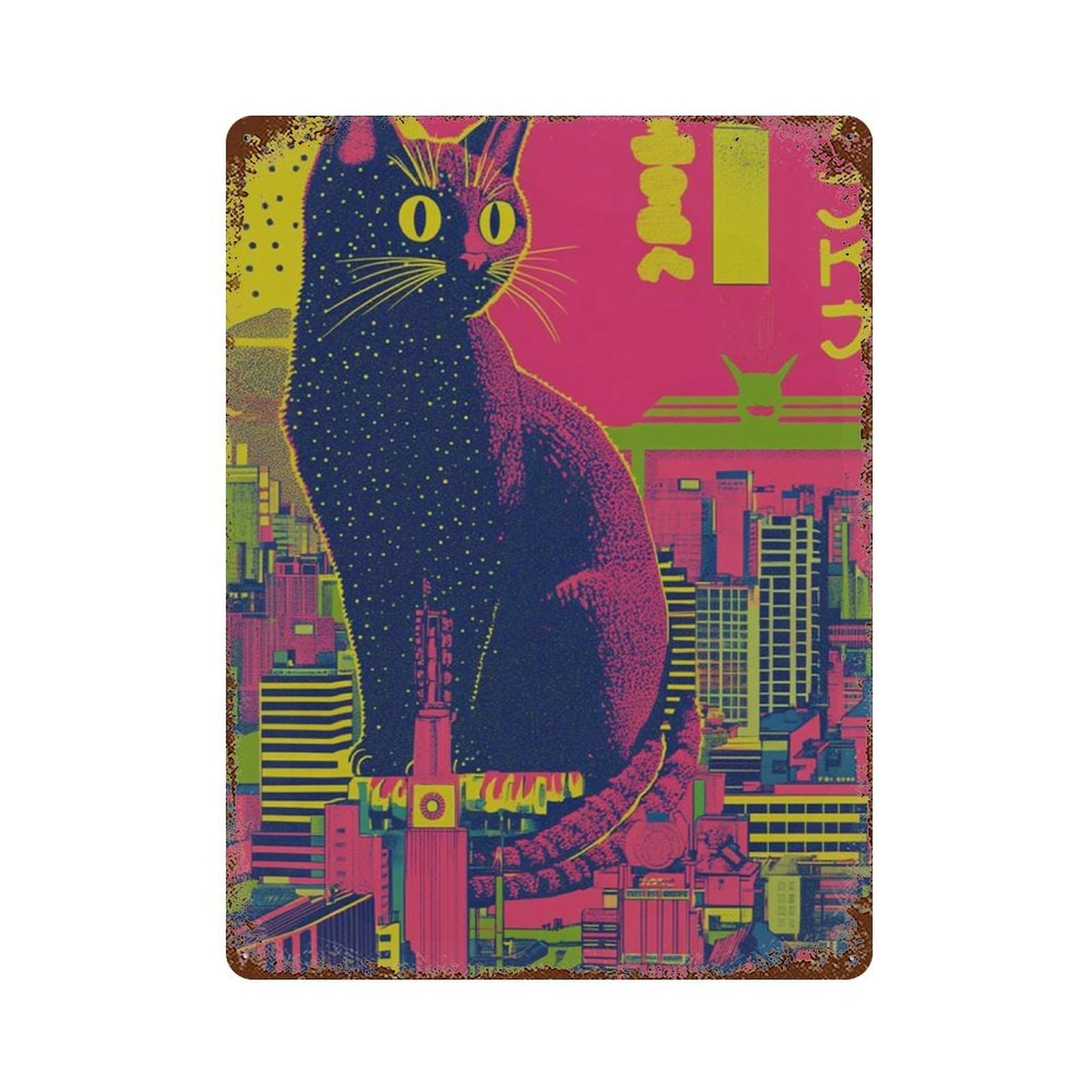 xiaoxiaoshen Giant Cat Tokyo City Japanese Urban Bold Neon Graphic Wall Decor Art Metal Tin Poster Modern Home Decor Art Home Bar Shop Decorations Vintage Sign 40x30cm