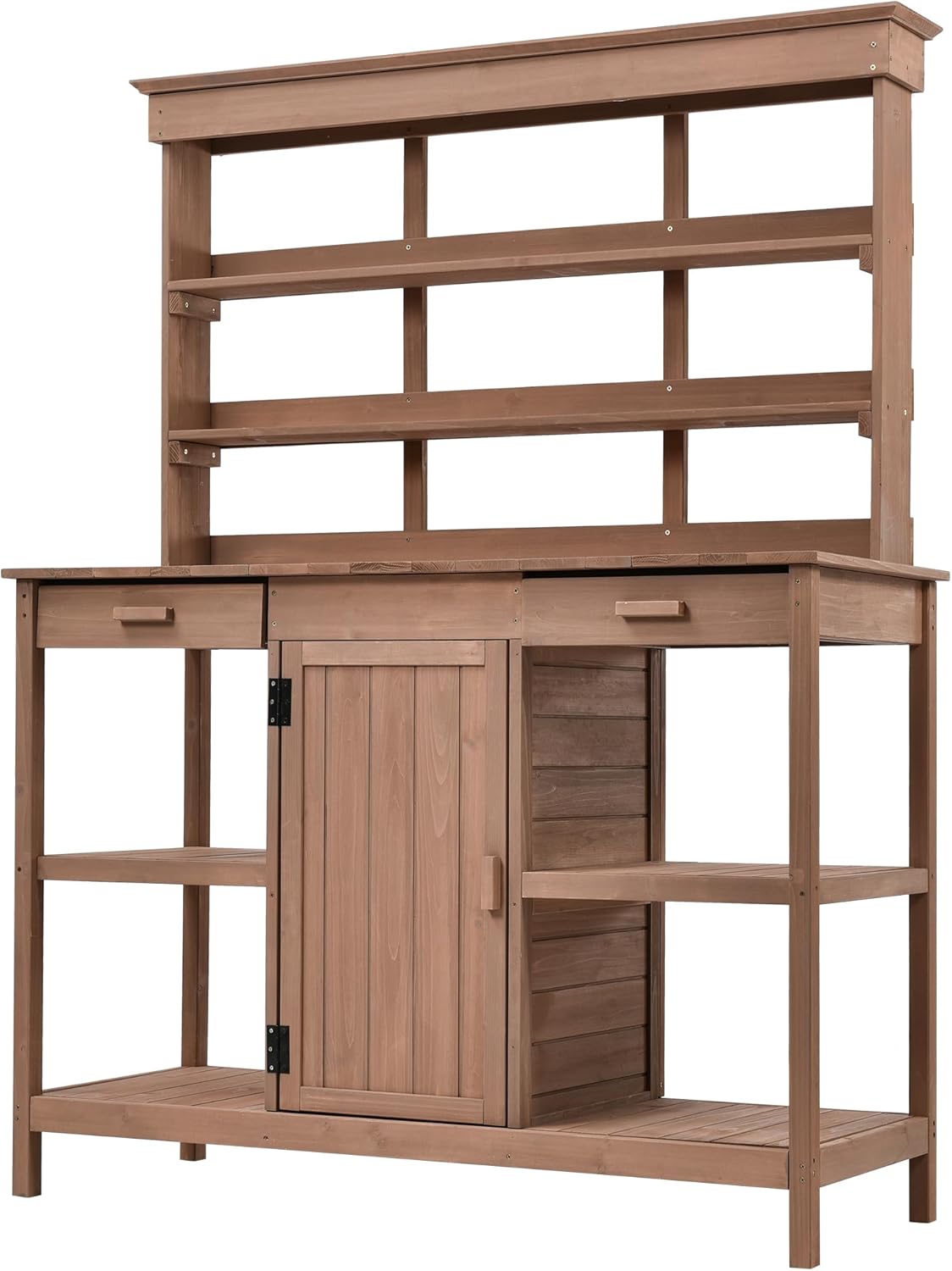Roomfitters 66" Farmhouse Outdoor Potting Bench Table with 2 Drawers, Cabinet and Open Shelves, Brown