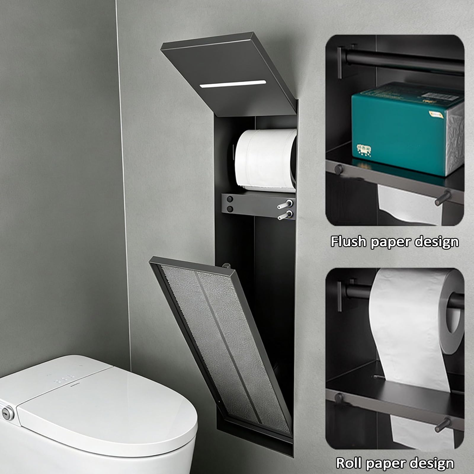 Nicho de papel higiénico empotrado con estante y soporte oculto para cepillo para remodelar el baño