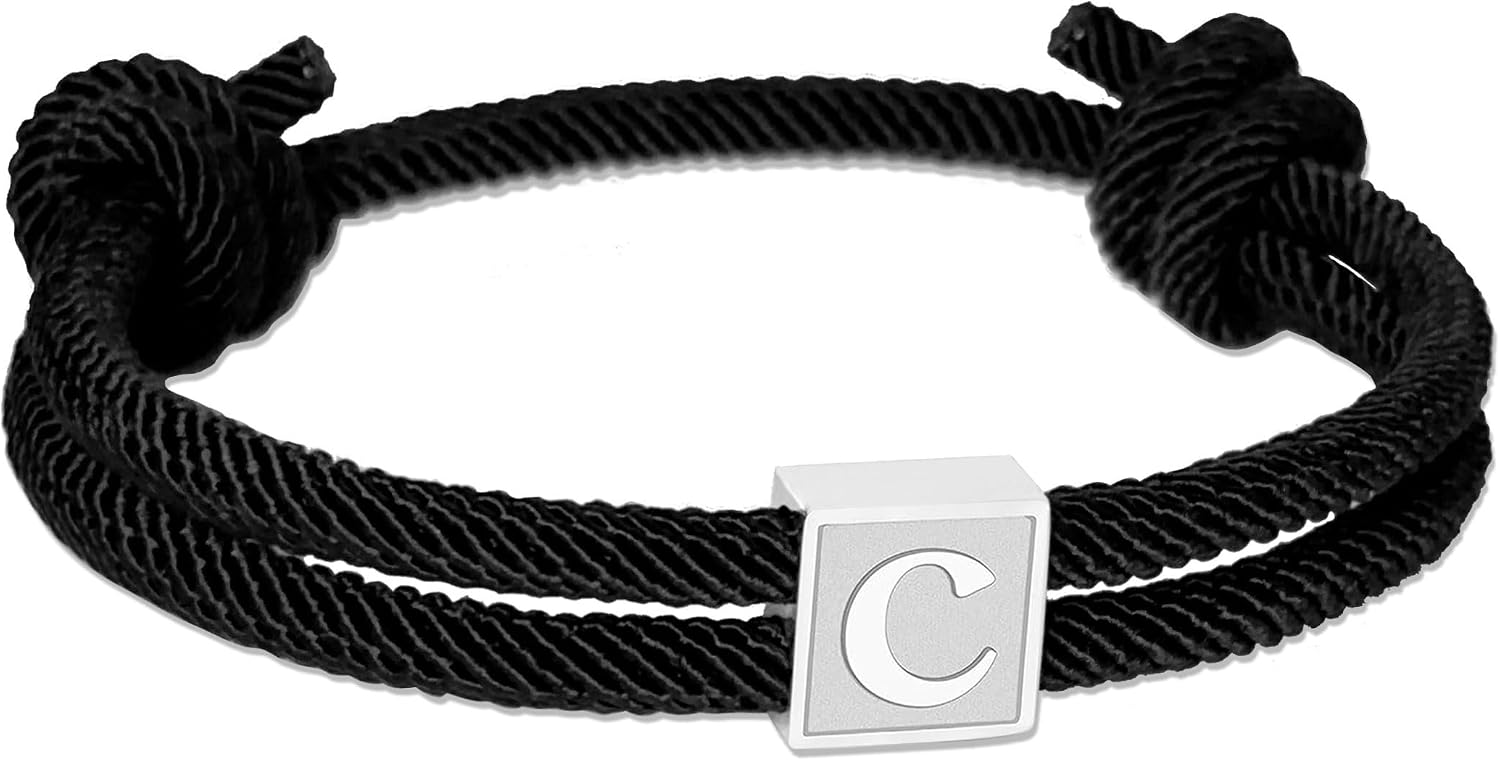 Rope Initial Bracelet for Men, Stainless Steel A-Z Letter Charm Bracelet, Handmade Braided Men Wrist Adjustable 7-13 Inches Alphabet Jewelry Gift For Men Women