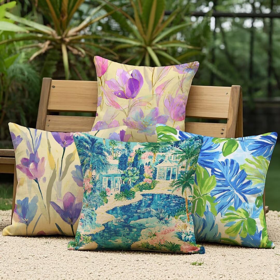 Lot de 4 Housse de Coussin 45x45cm, Housse de Canapé Été Motif Décoratif Imperméable Lin Taie d'oreiller avec Fermeture Éclair Invisible, Salon Chambre à Coucher Décoration de Maison, Aquarelle Ym569