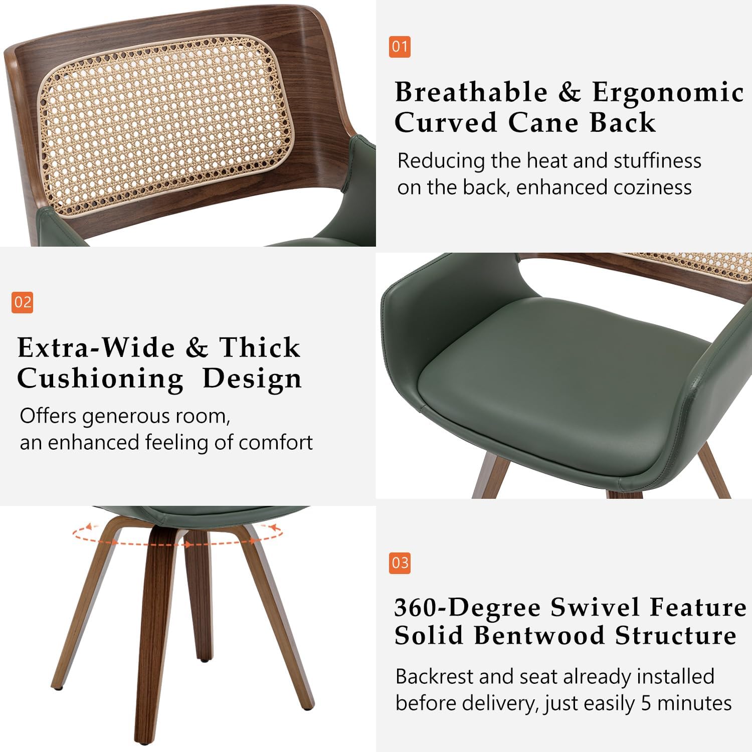 Set of 4 Dining Room Chairs with Arms - Swivel Cane Dining Chairs with Ergonomic Rattan Back, Walnut Bentwood Frame, Curved Arms, Versatile for Restaurant/Living Room/Kitchen (Walnut Green)