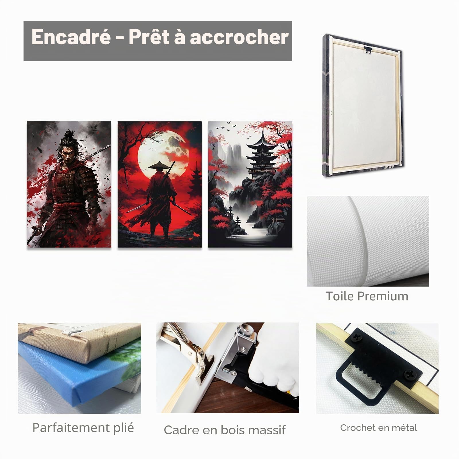 CCWACPP 3 pièces d'art mural samouraï, peinture japonaise sur toile, impression de figurine de guerrier, posters de bushido, thème de la culture japonaise, œuvre d'art pour décoration de chambre
