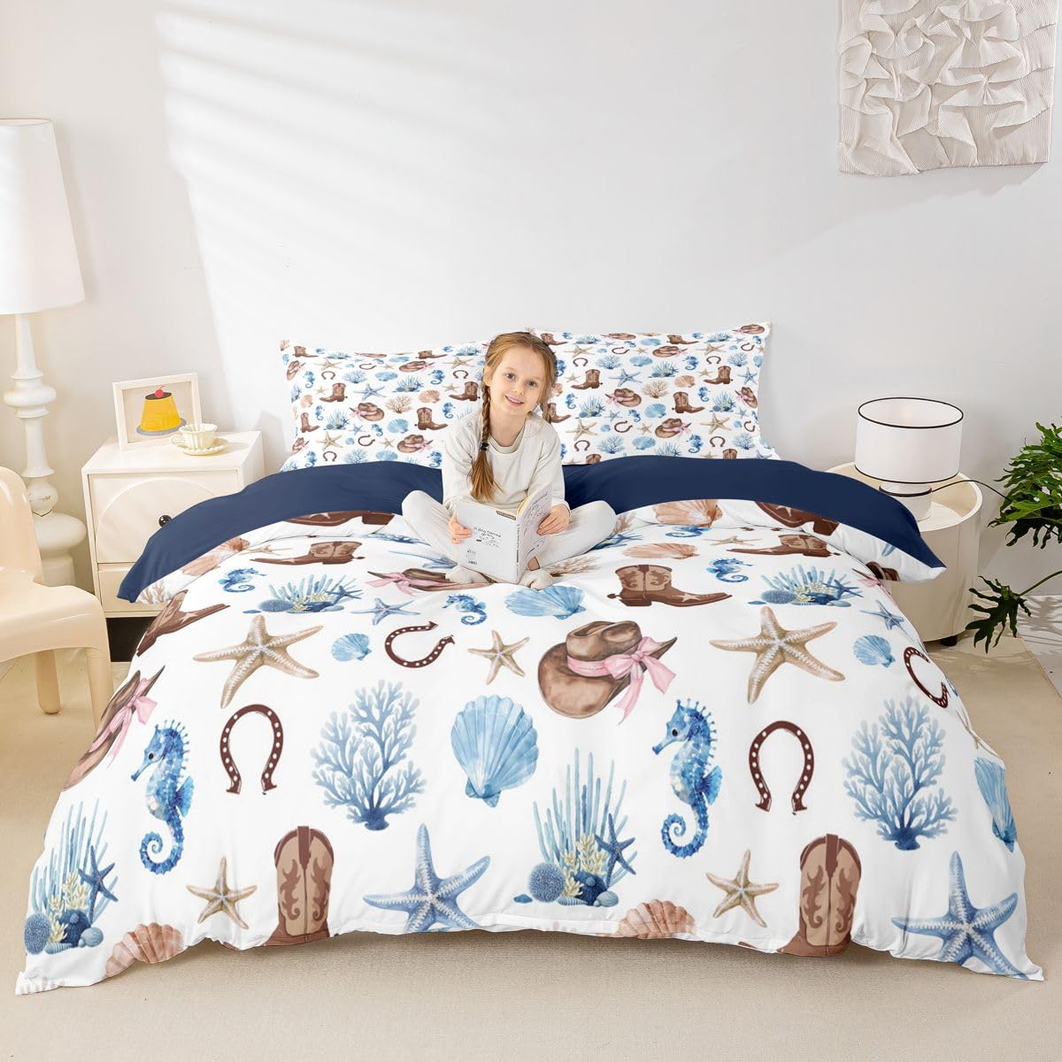 Homewish Motyw plażowy podwójna poszewka na kołdrę zachodni kowbojski zestaw pościeli dla dzieci nastolatków dorosłych ocean rozgwiazda i konik morski poszewka na kołdrę morska plaża muszla zestawy