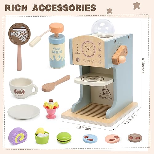 Miniatura 2 de Cafetera de juguete para niños, juego de café de madera para niños con accesorios de cocina y postre de juguete, juego de cafetería juguetes de