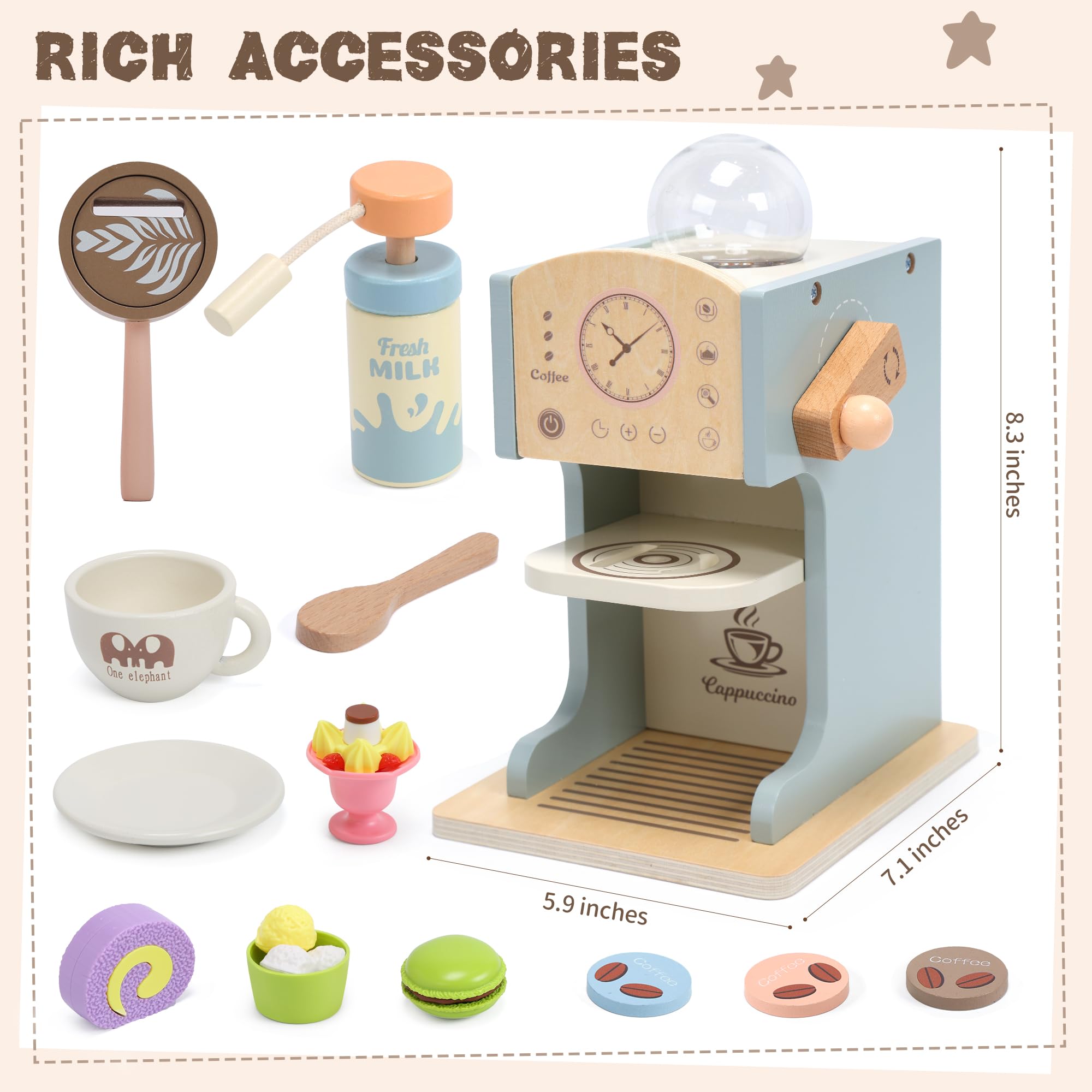 Aimafun Toy Coffee Maker for Kids, Wooden Kids Coffee Playset with Play Kitchen Accessories and Toy Dessert, Coffee Shop Playset Wooden Toys for Toddlers Girls Boys