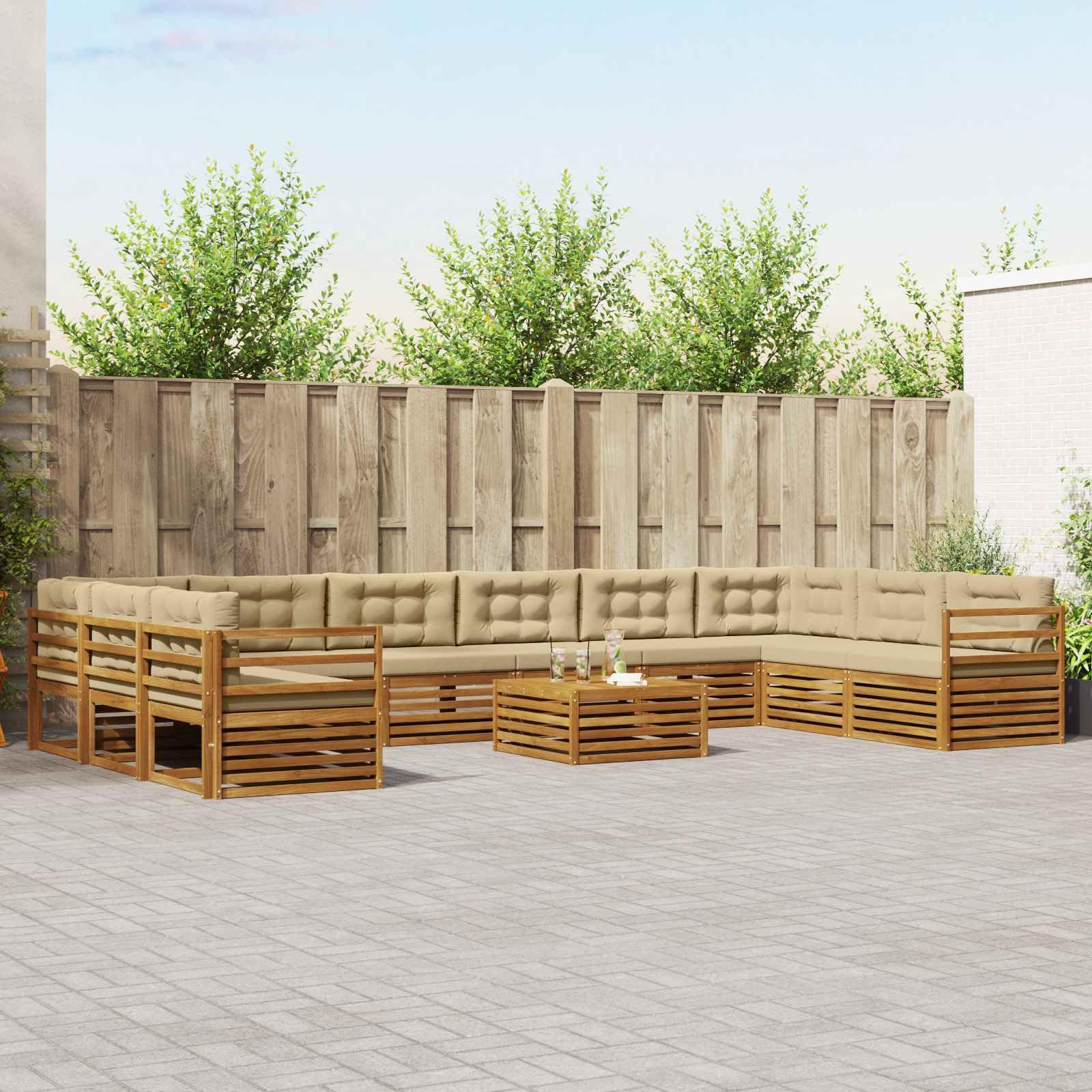 Juegos de sofás 11 pcs Madera de Acacia sólida Natural y Beige con Cojines extraíbles para jardín terraza y hogar diseño Modular y Resistente para Sala Comedor
