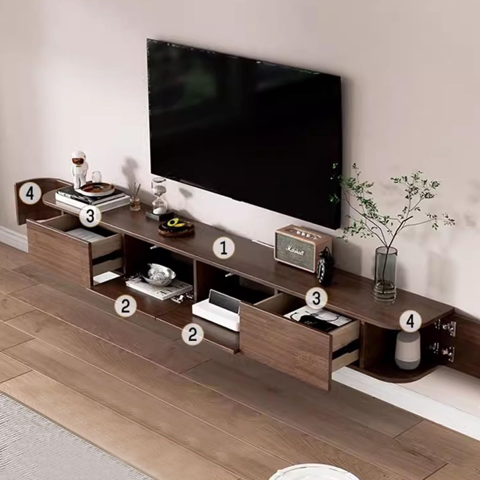 Moderner, schwebender TV-Schrank, Wandmontage, 199,9 cm, Gummi-Holz, Aufbewahrungskonsole für Wohnzimmer, stilvolles Media-Center mit Wut-Raum