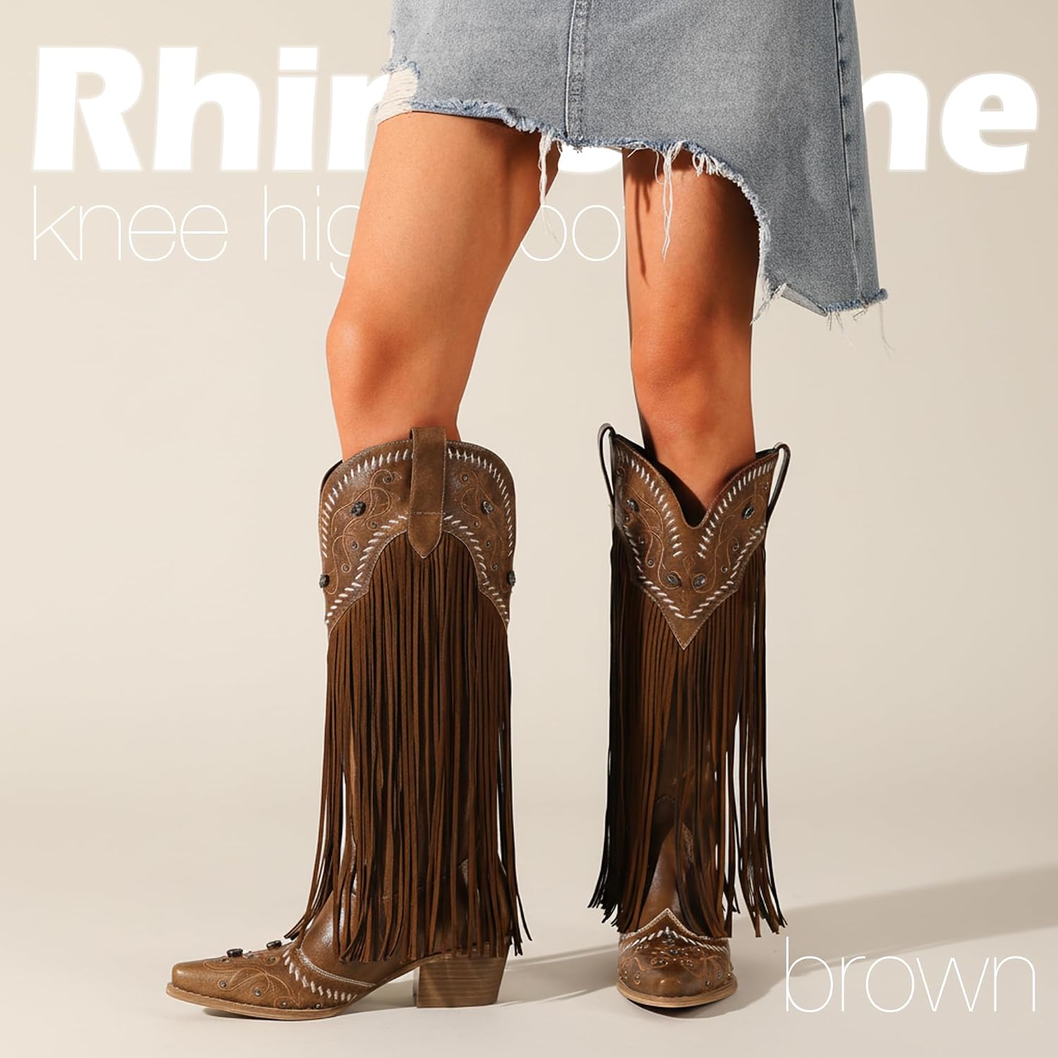 Fringe Cowboy Boots for Women Knee High Western Cowgirl Boots Sparkly Rhinestone Retro Country Boots with Embroidered Pointed Toe Chunky Heel Pull on Fashion Vintage Tall Boots