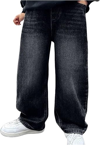 veolaimy Denim Pants, Kids, Boys, Childrens Clothing, Jeans, Straight, Loose, Casual, Long Trousers, Juniors, Plain, Stylish, Wide Pants, Boys, Elastic Waist, Harajuku Style, Long Pants, Large Sizes