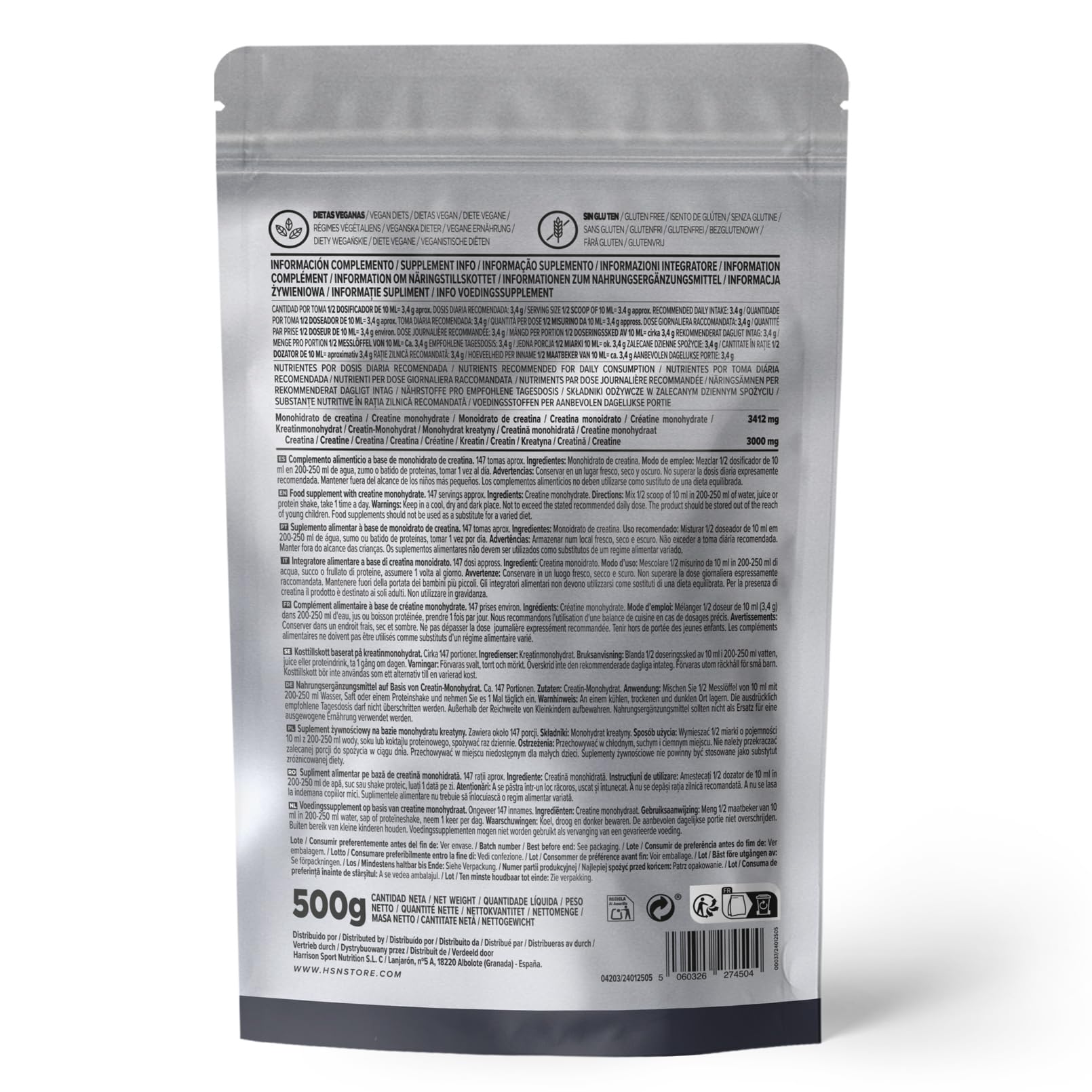HSN Creatina Monohidrato Micronizada 500g | 100% Pura, Sin Sabor | Vegana, Sin Gluten y Sin Aditivos | Alta Solubilidad y Máxima Pureza | No Incluye Dosificador