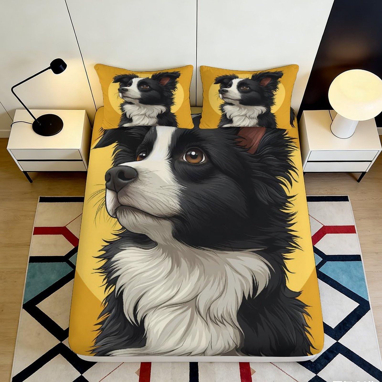 3D Printed Border Collie Fitted Sheet Microfiber Soft Durable Black White Dog Mattress Cover for Bedroom Dormitory Guest Room Protection Decoration 160x200x25cm