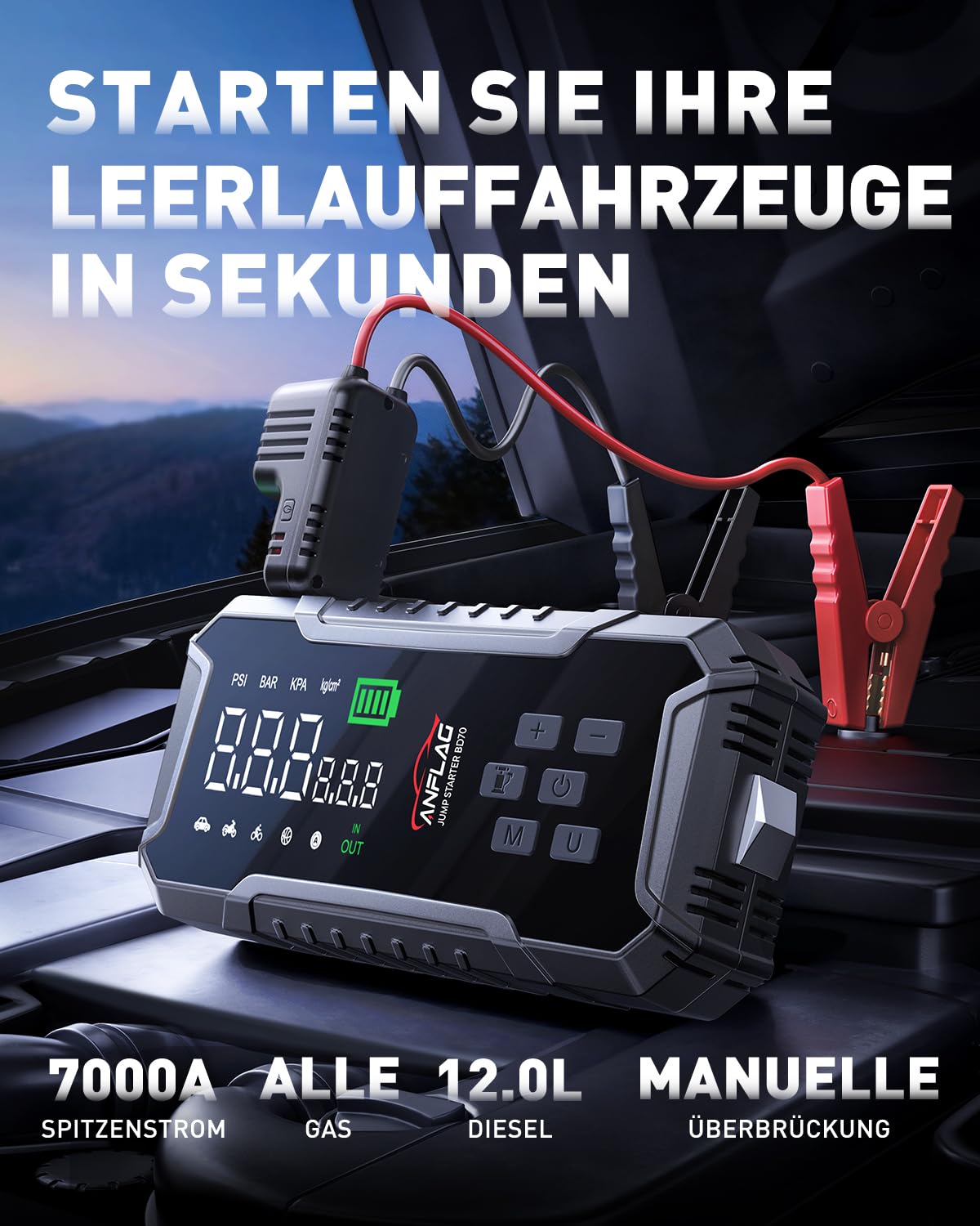 Starthilfe Powerbank für Pkw mit Kompressor 160PSI, ANFLAG 7000A 26800mAh Auto Starthilfe Powerbank für All Benzin und 12.0L Dieselmotor, Starter Powerbank mit Starthilfekabel, LED-Licht