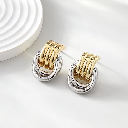 Miniatura 6 de Aretes gruesos de nudo dorado para mujer, aretes de eslabones largos con diseño geométrico de oro y plata
