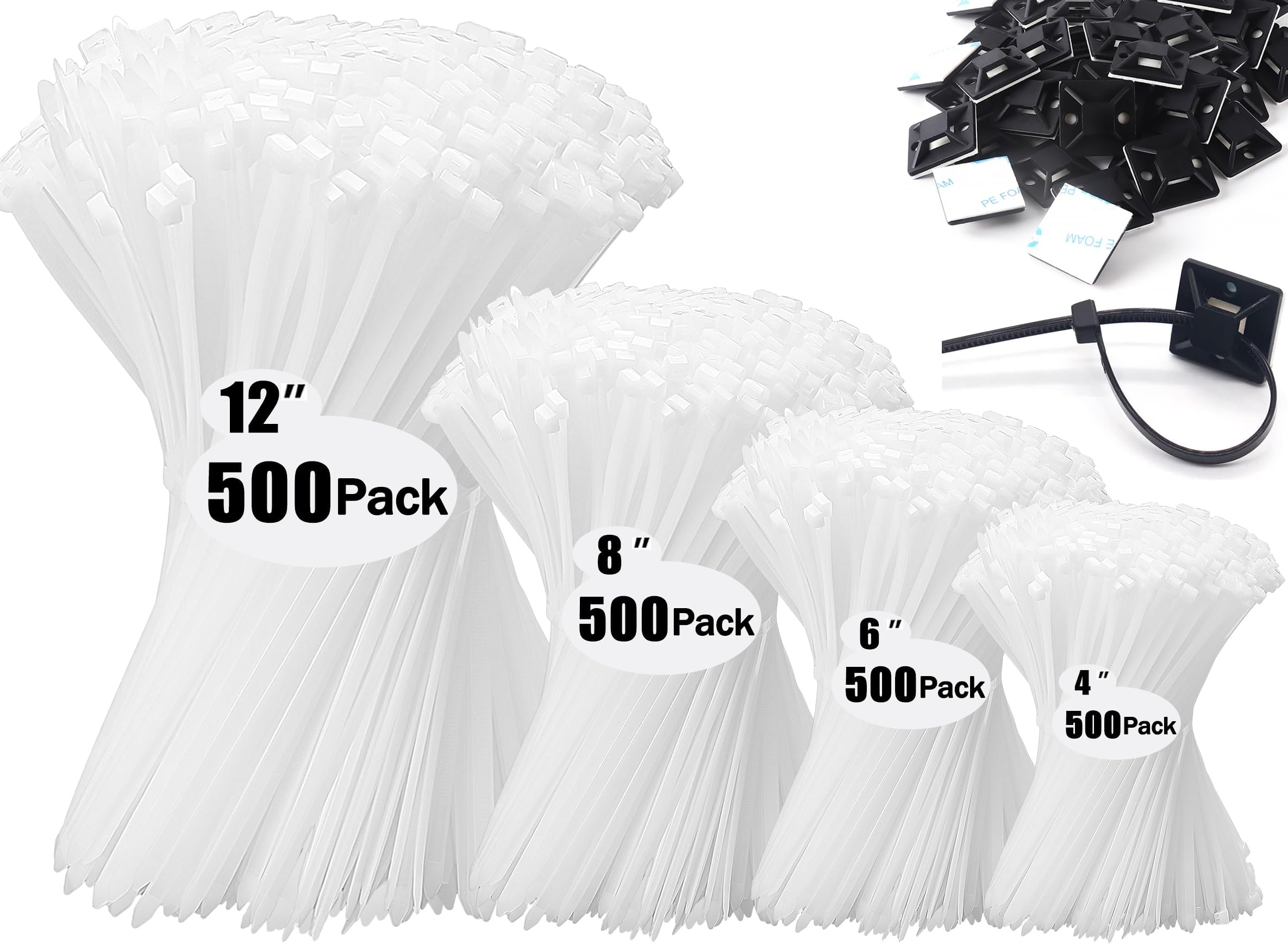 Zip Wire Ties 2100 Pack Small Cable Zip Ties with Cable Mounts Nylon Zip Cable Ties Assorted Sizes 4+6+8+12 Inch, Self-Locking Tie Wraps, UV Resistant Nylon Cable Ties for Indoor and Outdoor White