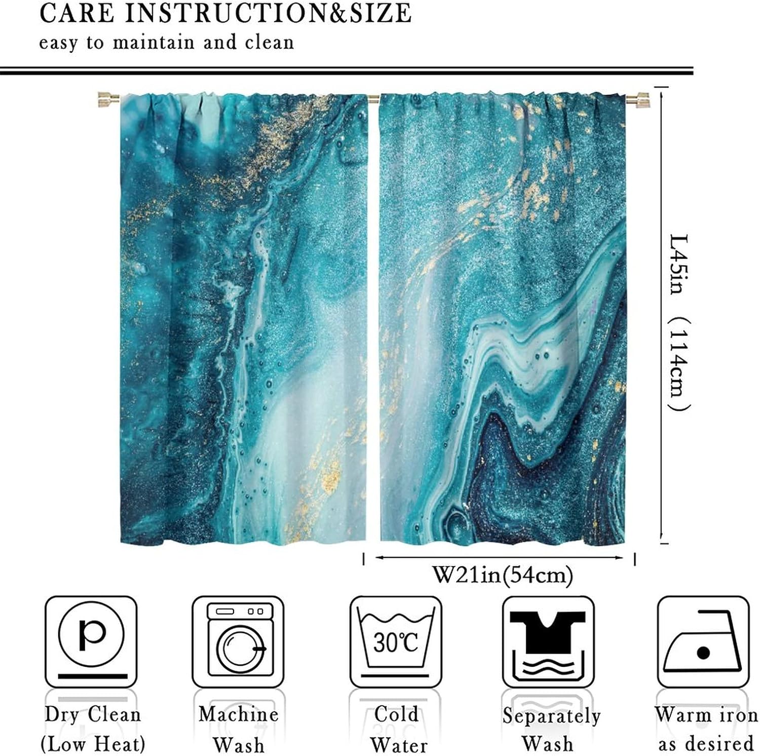 Marble Blackout Windows Curtains, Abstract Marine Art Natural Luxury Marble Swirls Very Beautiful Blue Paint Plus Gold Dust Curtains, for Living Room Bedroom 42x45in 2 Panels