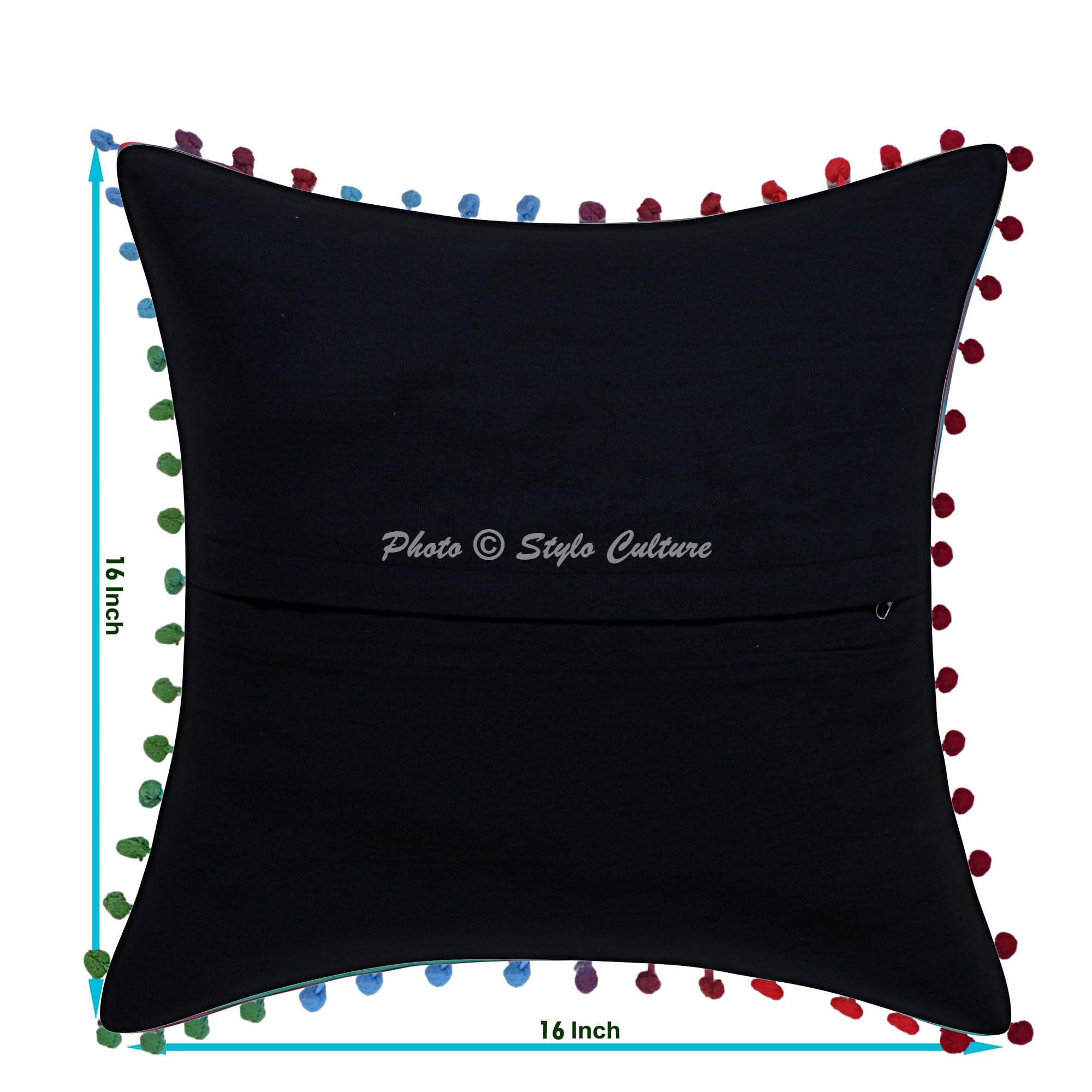 Ethnisch Dekorativ Baumwolle Couch Kissenbezüge 40x40 cm Schwarz Dekokissen Suzani Bestickte Pom Pom Spitze Schlafzimmer Sofa Kissen Bezüge Quadrat Blumen Kissenhullen - 4 STK.