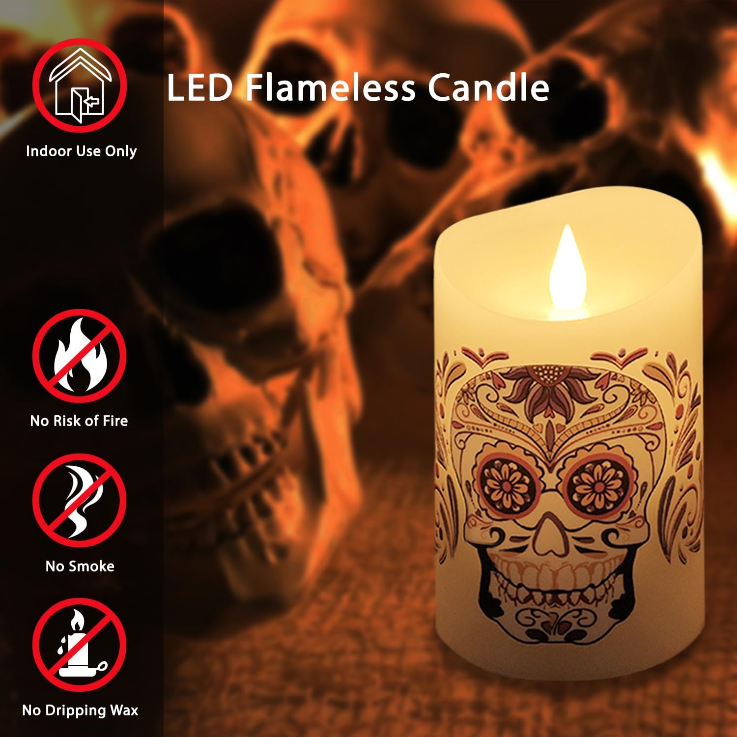 Halloween Flameless LED Candles with Remote Control, 3"x 5"Battery Operated Pillar Real Wax with Timer for Halloween Decorations, Sugar Skull Candle image 2