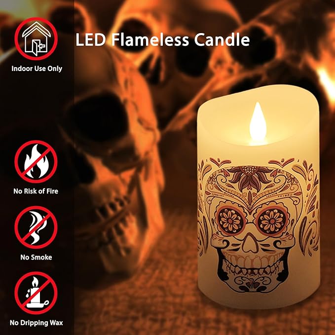 Softflame Halloween Flameless LED Candles with Remote Control, 3"x 5"Battery Operated Pillar Real Wax with Timer for Halloween Decorations, Sugar Skull Candle photo 2