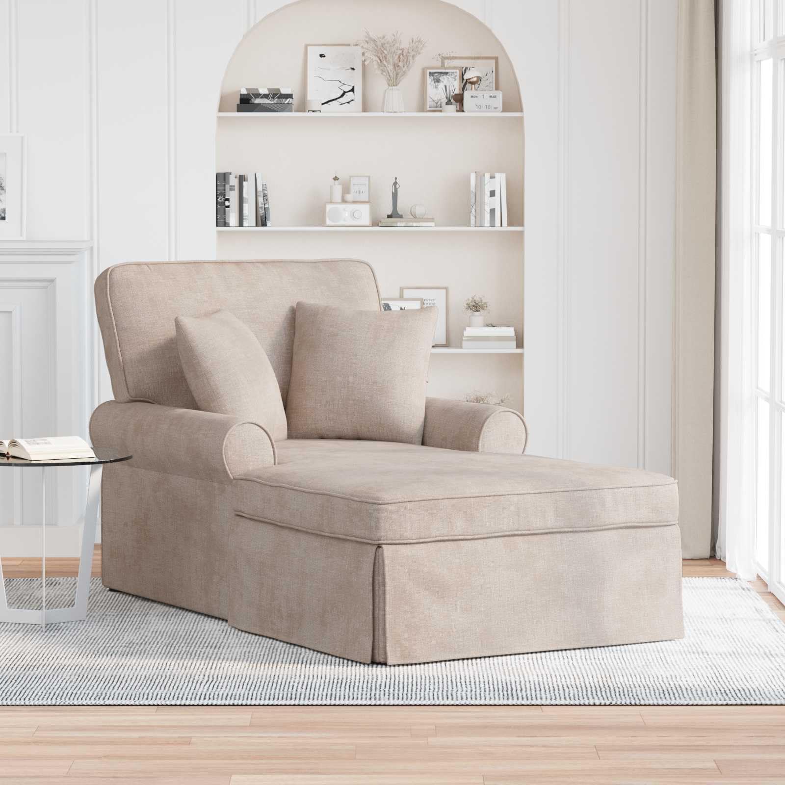 Chaise longue de salon ARES en tissu rembourré, des finitions élégantes avec jupe