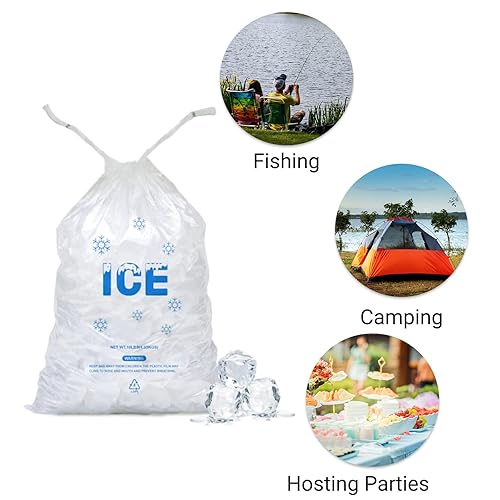 Vista 23 de Paquete de 100 bolsas de hielo de plástico con cordón de 20 libras, bolsas de hielo resistentes de 14 x 28 pulgadas con cuerda de plástico