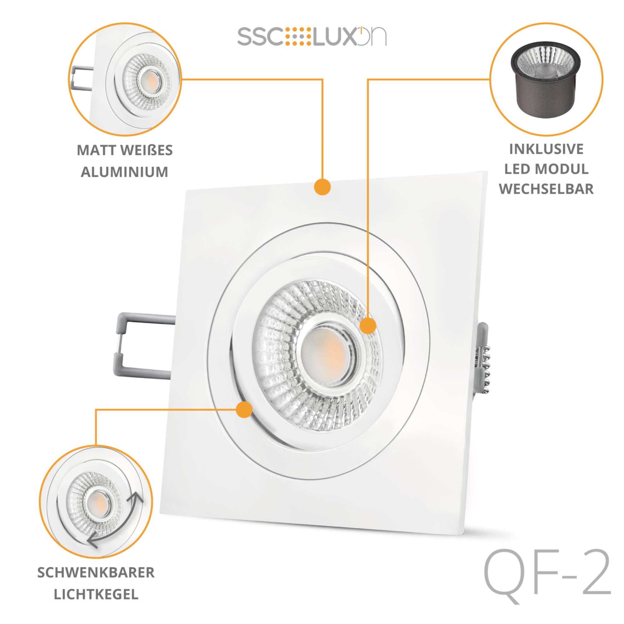 SSC-LUXon QF-2 Einbaustrahler schwenkbar mit LED Modul dimmbar mit 90 Ra - 6W warmweiß 230V - Decken Einbauspot weiß eckig