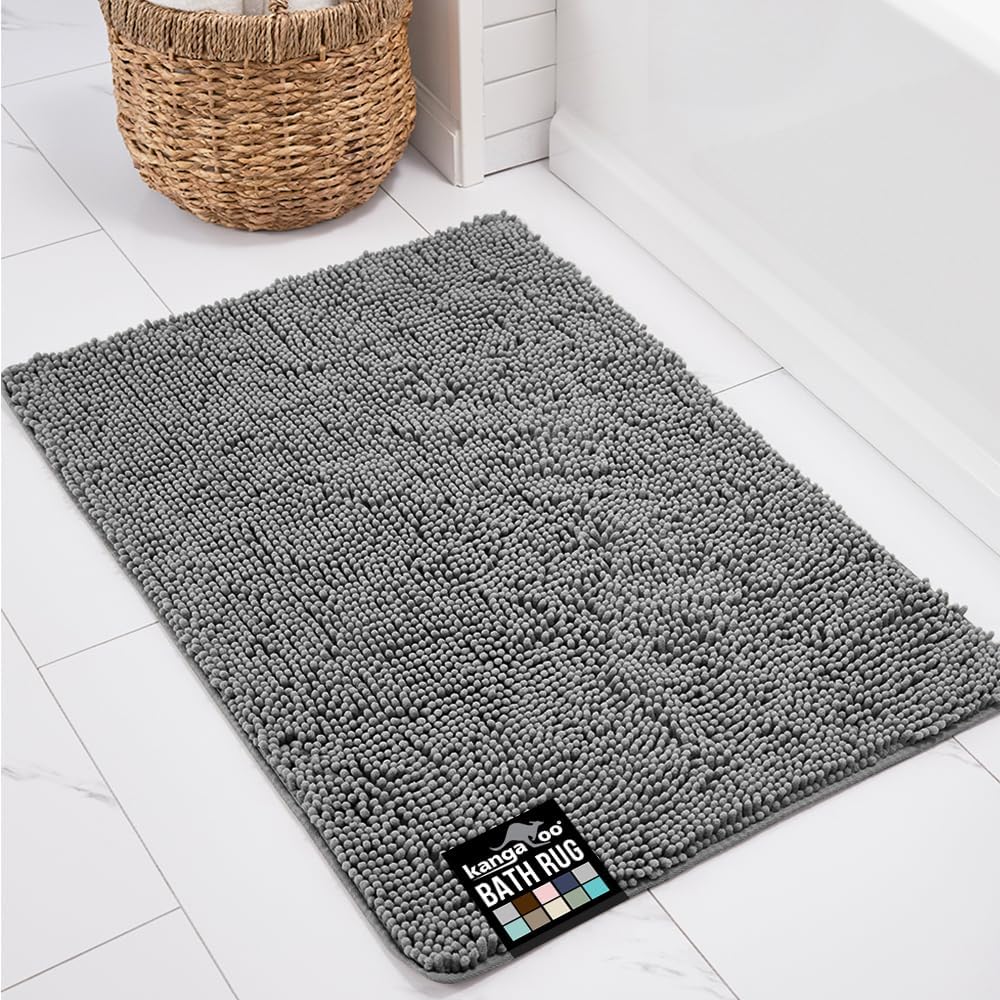 Bathroom Rugs, Chenille Soft Absorbent Bath Rug, Shaggy Shower Mat, Quick Dry Machine Wash Bathmat, Plush Carpet Mats for Tub, Bathtub and Room Home Decor Accessories, 24x17, Gray