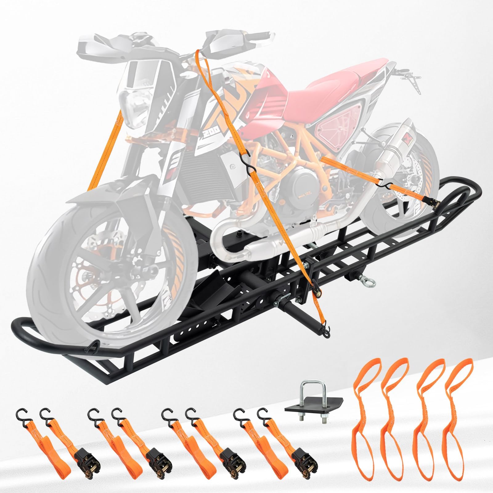 83" Motorcycle Hitch Carrier, 600 lbs Capacity, Adjustable Ramp for Up to 4.3" Tires, Anti-Tilt Lock, Shock Absorption, Pin Lock, Stabilizer & Straps