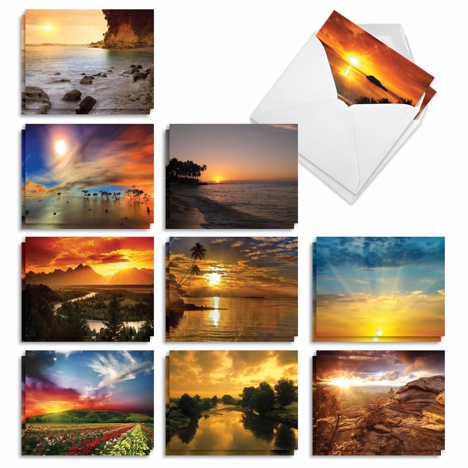The Best Card Company - 20 Landscape Nature Note Cards Blank (4 x 5.12 Inch) (10 Designs, 2 Each) - Sun Settings AM1740OCB-B2x10