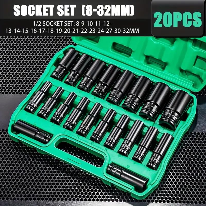 Image of Harboan 20 Pieces 1 /2-Inch Square Drive 78mm Deep Impact Socket Hex Set, 6-Point Standard Metric Sizes CR-V Steel 10mm to 24mm (20 in 1) (20 in 1 impact socket set)